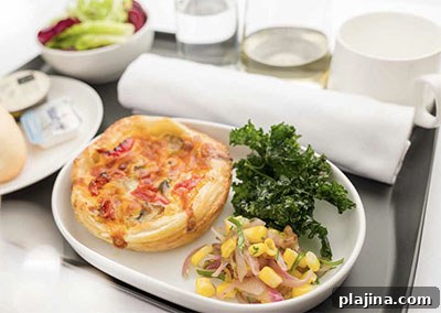 Qantas Airways meal of tomato and mushroom puff pastry tart with corn salsa 