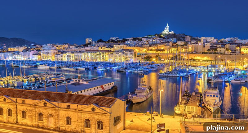 Marseille night city skyline at harbour, Marseille, France