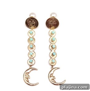 Mona Assemi gold earrings with turquoise and mobarak bad coins