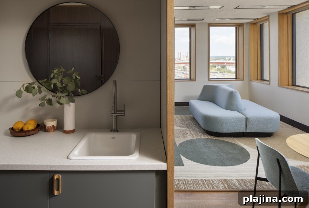 Interior public space with custom tiles and wood finishes