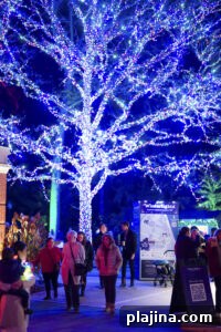 Lighted trees and pathways at Newfields