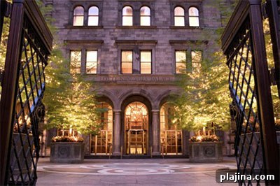 Lotte New York Palace hotel entrance at night