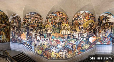 The stairs of the Palacio Nacional with the famous mural The History of Mexico by Diego Rivera