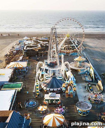 Aerial view of Morey’s Piers and beachfront water parks complex in Wildwood, New Jersey