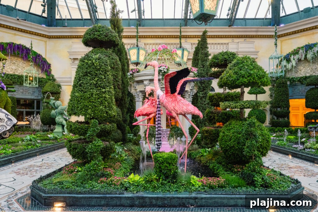 Topiary giraffes and cherub fountains