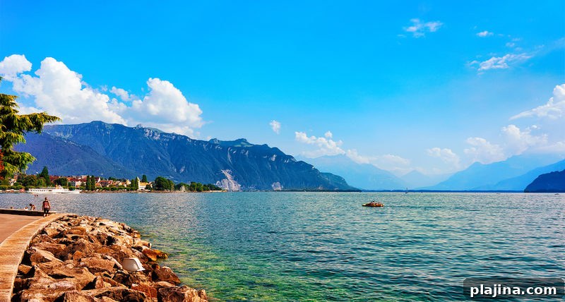 Riviera with Alps mountains Geneva Lake summer Vevey Switzerland CH